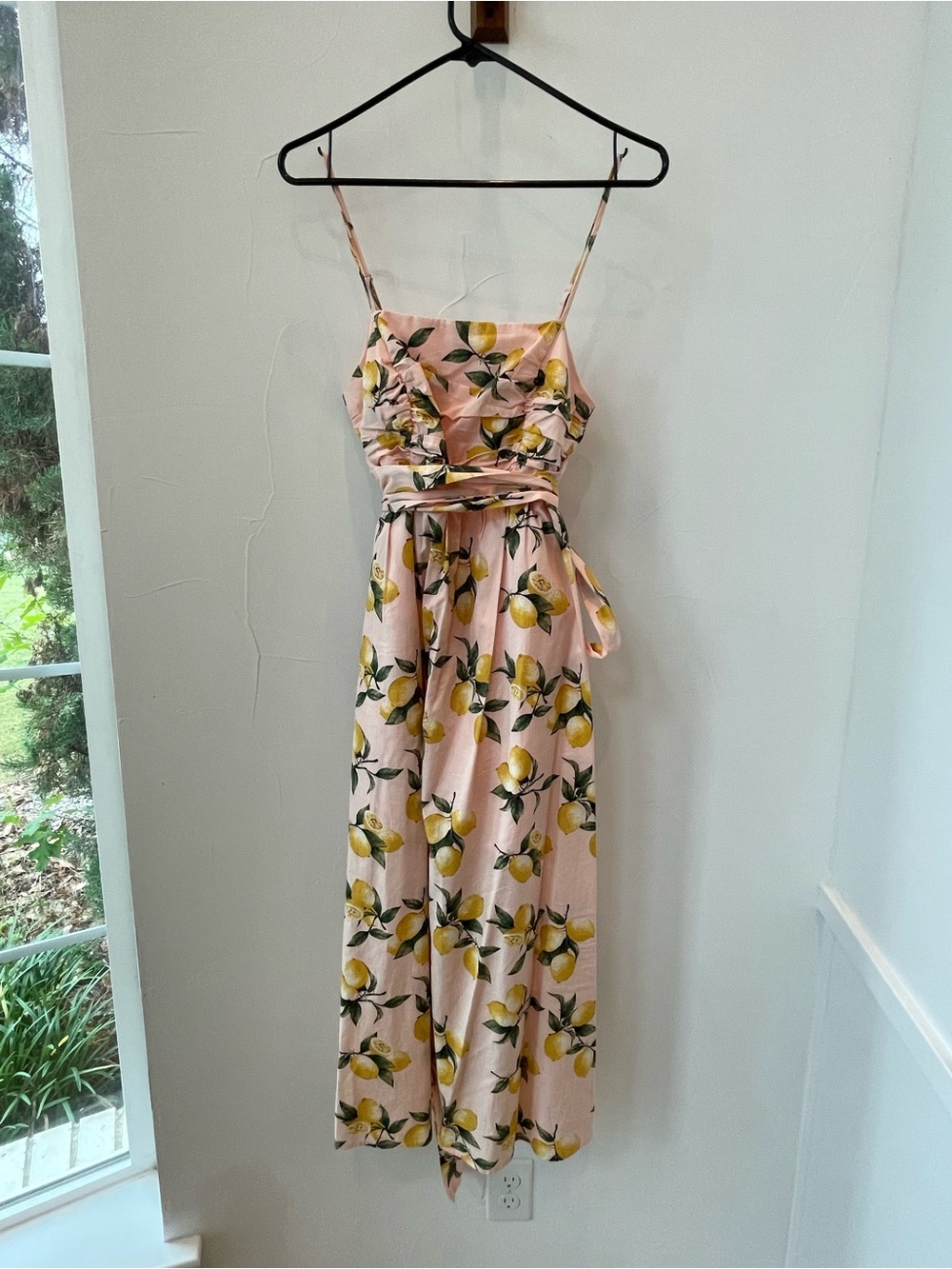 moodie Pink Lemon Print Strappy Ruched Midi Dress Size S